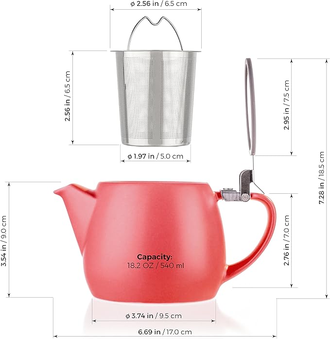 Tealyra - Pluto Porcelain Small Teapot Red - 18.2-ounce (1-2 cups) - Matte Finish - Stainless Steel Lid and Extra-Fine Infuser To Brew Loose Leaf Tea - 540ml - Bloomnest