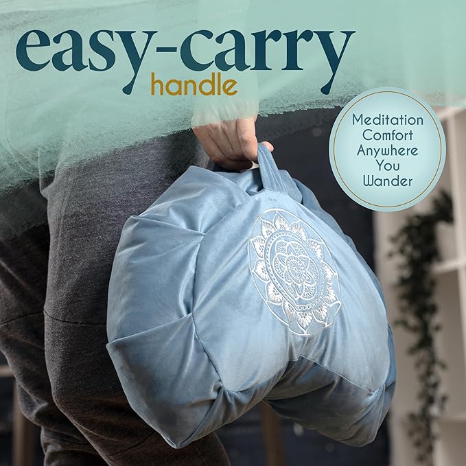 Florensi Meditation Cushion - Comfortable Floor Pillow - Traditional Crescent Meditation Pillow with Beautiful Velvet Cover - Large Floor Cushion Seating for Adults - Premium Yoga Buckwheat Bolster