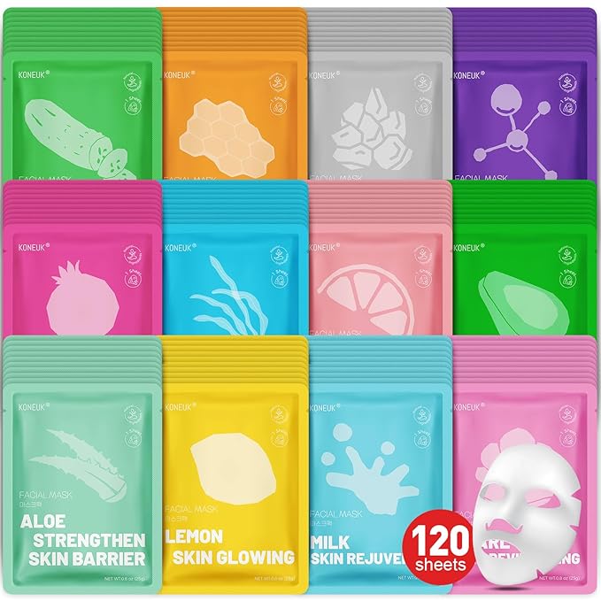 120 Pack Collagen Essence Sheet Face Masks Skincare, Moisturizing & Hydrating Face Mask for Skin Care, Bulk Face Masks for All Skin Types, Spa Party Gifts for Women (12 Types x 10 Pcs) - Bloomnest
