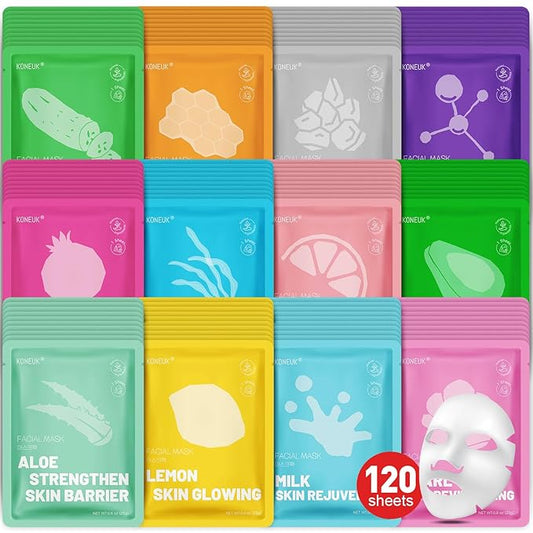 120 Pack Collagen Essence Sheet Face Masks Skincare, Moisturizing & Hydrating Face Mask for Skin Care, Bulk Face Masks for All Skin Types, Spa Party Gifts for Women (12 Types x 10 Pcs) - Bloomnest