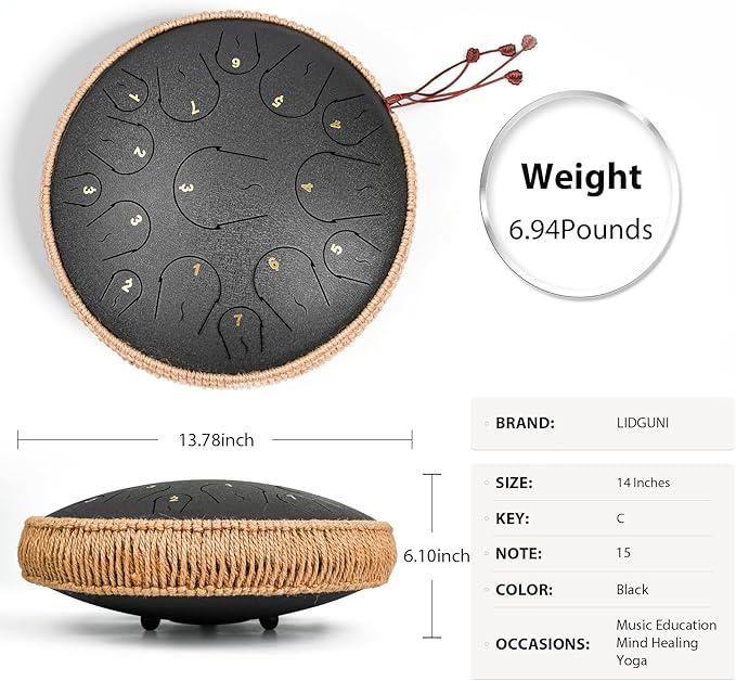 Steel Tongue Drum - 14 Inch 15 Note Tongue Drum - Hand Pan Drum with Music Book, Handpan Mallets and Carry Bag, C Major, Black - Bloomnest