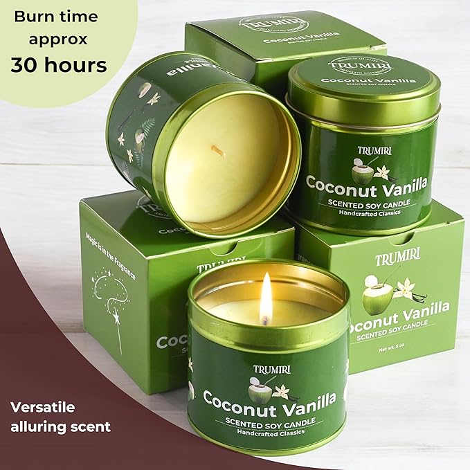 Coconut Vanilla - Aromatherapy Candles for Home Scented - Pack of 3-5oz Natural Soy Wax Clean Organic Non Toxic - Long Lasting Highly Scented with Essential Oils - Gifts for Women Relaxing Spa TRUMIRI