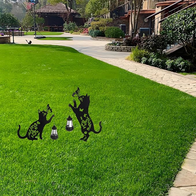 Solar-Powered Black 2-Pack Cats Garden Decor Stakes - Metal Silhouette Figurine for Outdoor Yard, Lawn, and Patio Decoration - Bloomnest