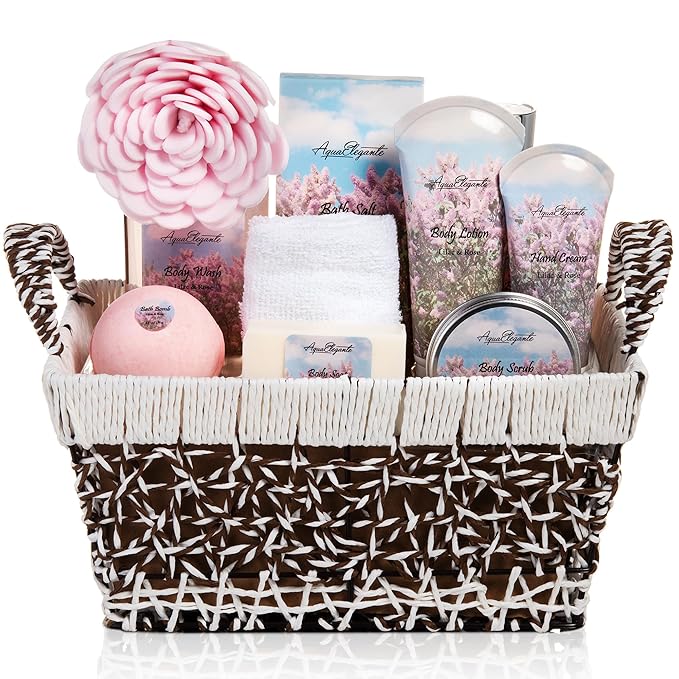 Spa Baskets For Women - Luxury Bath Set With Lilac & Rose Oil - Spa Kit Includes Wash, Bubble Bath, Lotion, Bath Salts, Body Scrub, Hand Cream, Shower Puff, Bathbombs, Soap and Towel - Bloomnest