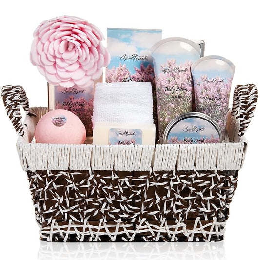 Spa Baskets For Women - Luxury Bath Set With Lilac & Rose Oil - Spa Kit Includes Wash, Bubble Bath, Lotion, Bath Salts, Body Scrub, Hand Cream, Shower Puff, Bathbombs, Soap and Towel - Bloomnest