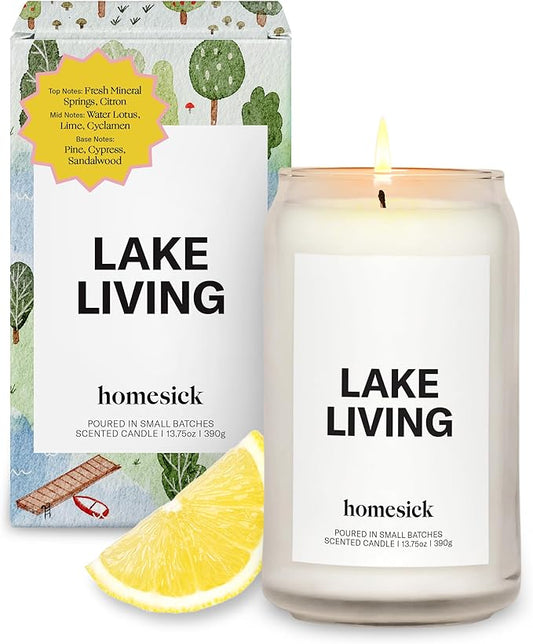 Homesick Scented Candles for Home (Lake Living) - 13.75 oz Long-Lasting Soy Wax Blend Jar Candle Gifts for Women & Men, 60-80 Hours Burn Time - Notes of Fresh Mineral Springs, Water Lotus & Pine - Bloomnest