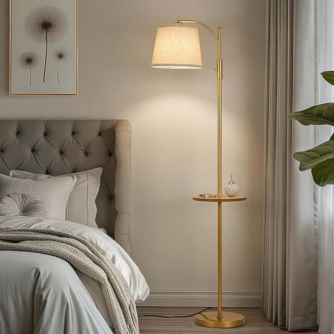 AIDENOEY Fully Dimmable Floor Lamp for Living Room，Standing Lamp Rotary Switch with Table&Linen Beige Shade，Golden Tall Lamps for Bedroom with Adjust Head，9W LED Bulb Included - Bloomnest