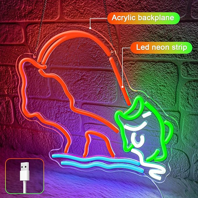 Fishing Neon Sign,Neon fish Sign,Neon Signs for Wall Decor,LED Light Up Man Cave Sign with Fish Rod Graphic,Cool Gifts for Fishermen,Bar,Cabin,Rustic Lake House,USB Powered Neon Light - Bloomnest