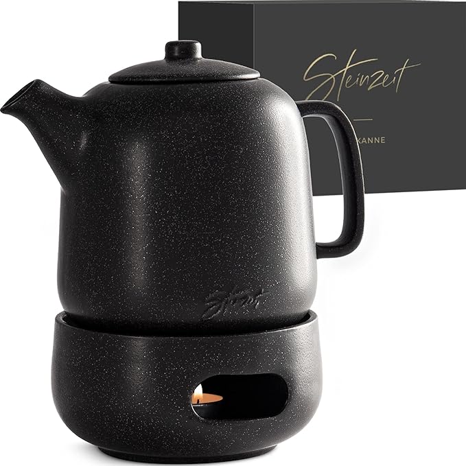 Steinzeit Design Tea Pot with Warmer (44 oz) - Premium Ceramic Teapot with Infuser for Loose Tea - Black Teapot Ceramic with Removable Steamer - Bloomnest