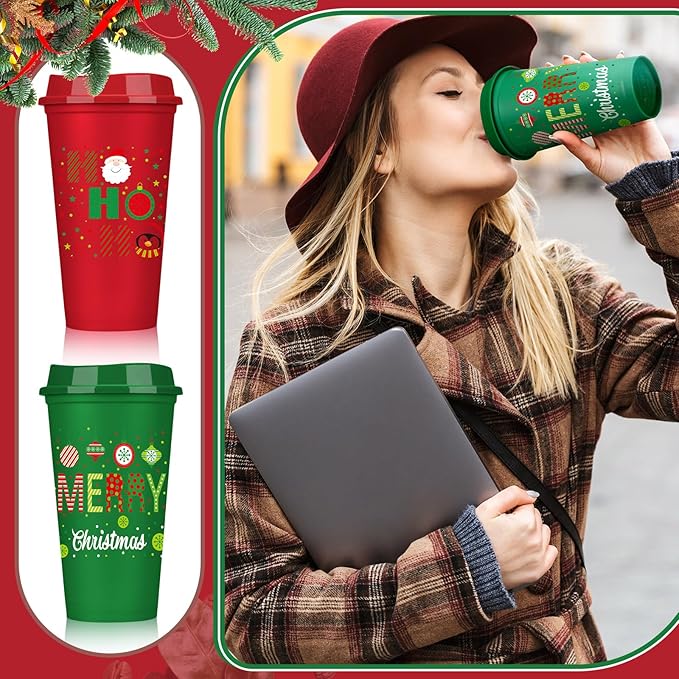 Pickmesh 12 Pack Christmas Reusable Coffee Cups Gift for Women 16 oz Coffee Cup Tumblers with Lid Plastic Cups Travel Mug Thank You Gifts for Hot and Cold Drinks(Novelty) - Bloomnest