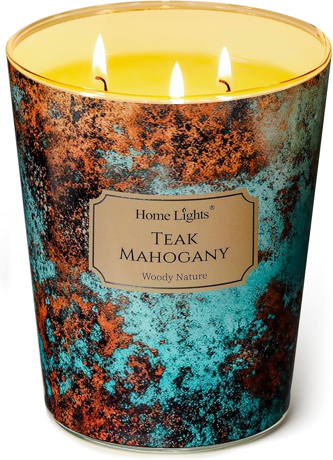 HomeLights Large jar Candle | 3-Wick Long-Lasting Scented Candles, 34oz Natural Soy Wax Candle for Home Scented, Industrial Chic Gifts for Women & Men, Teak Mahogany - Bloomnest