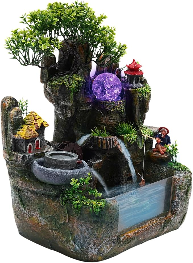 Small Water Fountain, Rockery Stream Tabletop Zen Meditation Indoor Desktop Waterfall with Automatic Pump, LED Lights, Switch, for Home Office Bedroom Desk - Bloomnest