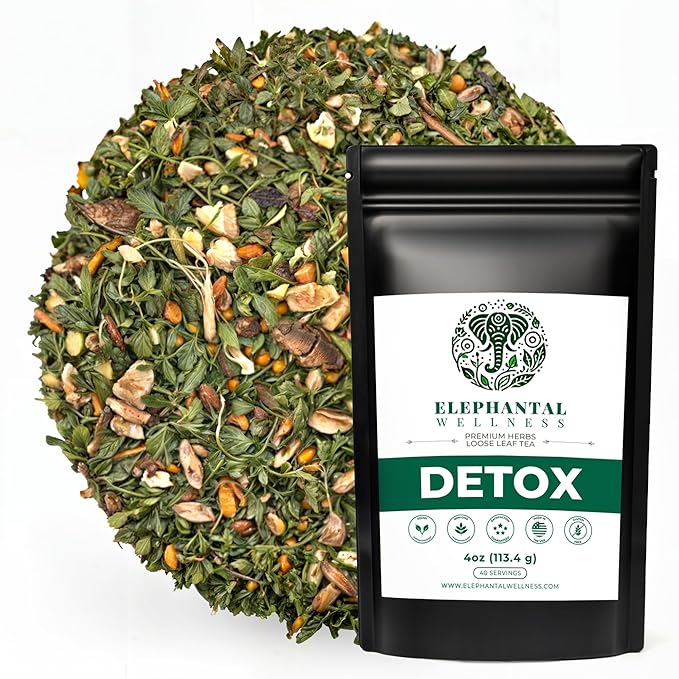 Elephantal Wellness Premium Detox Herbal Tea | Daily Liver, Kidney, Blood & Digestive Support with Turmeric, Milk Thistle, Dandelion & Burdock | Non-GMO, Handmade, Caffeine-Free Loose Leaf Blend - 4oz, 40 Servings - Bloomnest
