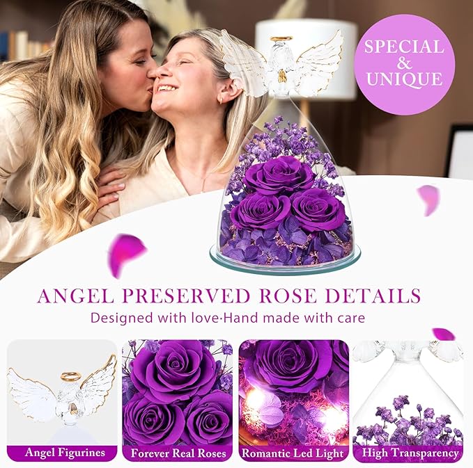 Valentines Day Gifts for Her Women Preserved Flower Rose, Forever Eternal Flowers in Glass Angel Figurines Flowers for Delivery Prime Purple Gift for Grandma Mom Sister Wife Girlfriend Mother Birthday - Bloomnest
