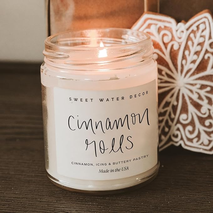 Sweet Water Decor Cinnamon Roll Candle - Fall Scented with Cinnamon, Icing and Buttery Pastry for Home - Soy Candle with 40 Hours Burn Time - 9Oz Gold Lid Clear Jar Autumn Scents - Bloomnest
