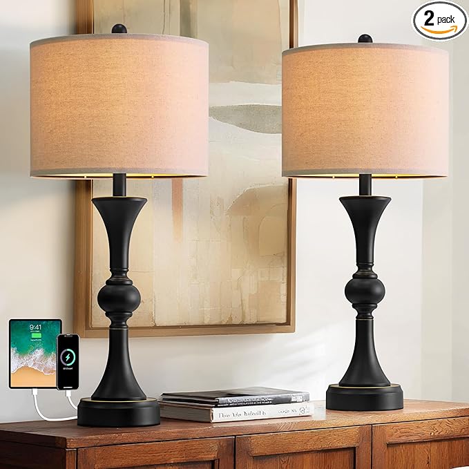 Table Lamps Set of 2, 28" Tall Bedside Table Lamp for Living Room, Bedroom, End Table Lamps with USB A+C Charging Ports, Modern Nightstand Lamps, Matte Black Finish, Farmhouse - Bloomnest