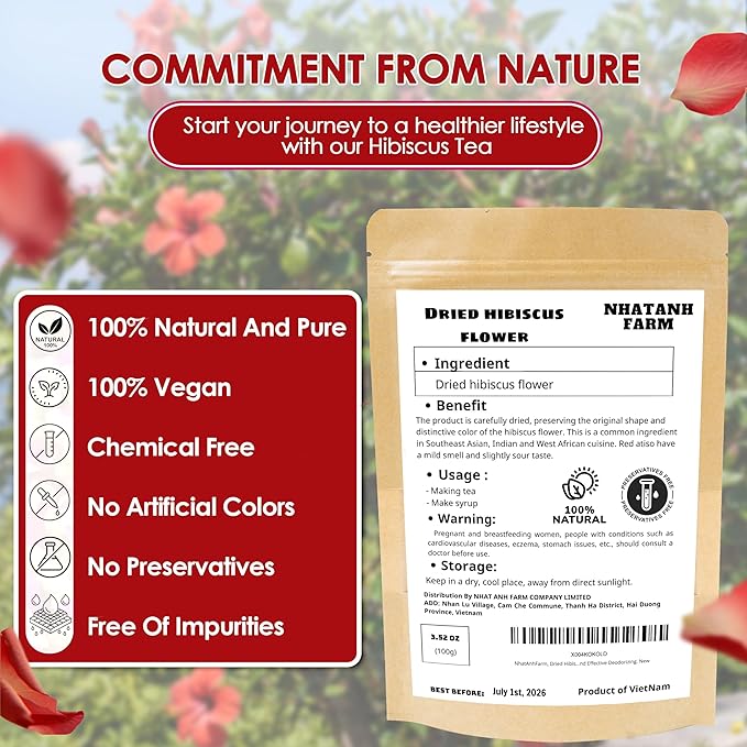 NhatAnhFarm, Dried Hibiscus. 100gr Natural Dried Hibiscus, 100% Natural & Pure, Sugar/Caffeine/Gluten Free. The Perfect Ingredient For Making Tea, Baking, And Effective Deodorizing - Bloomnest