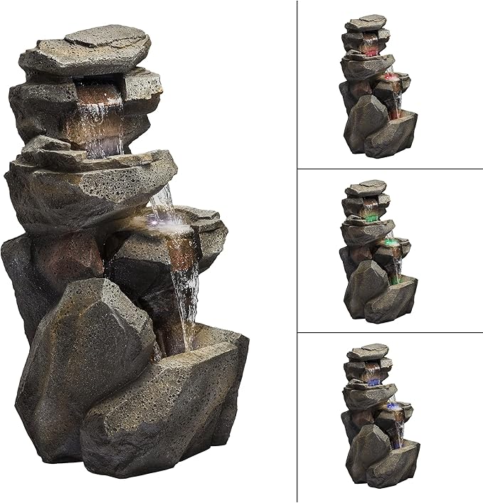 Alpine Corporation WIN1184 40" 3-Tier Outdoor Rock Waterfall Floor Fountain with Color-Changing LED Lights, Cascading Water Feature for Gardens, Patios, and Yards, Gray - Bloomnest