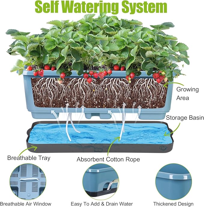 Window Box Planter 6 Pcs, 17 Inches Rectangle Flower Pots with Drainage Holes and Trays, Vegetable Planters for Windowsill Patio Garden Balcony Home Indoor Outdoor (Blue, 18 * 10 * 6 inch) - Bloomnest