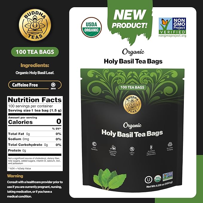 Buddha Teas - Organic Holy Basil Tea Bags - For Health & Wellbeing - Ayurvedic Tulsi - With Antioxidants - Clean Ingredients - Caffeine Free - OU Kosher & Non-GMO - 100 Non-String Tea Bags (Pack of 1) - Bloomnest