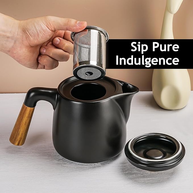 MIAMIO – 34 Oz Ceramic Tea Pot Set with Infuser and Cups/Tea Strainer, 4 Ceramic Tea Mugs (10 Oz), Bamboo Saucers/Handle for Home and Office (Black) - Bloomnest