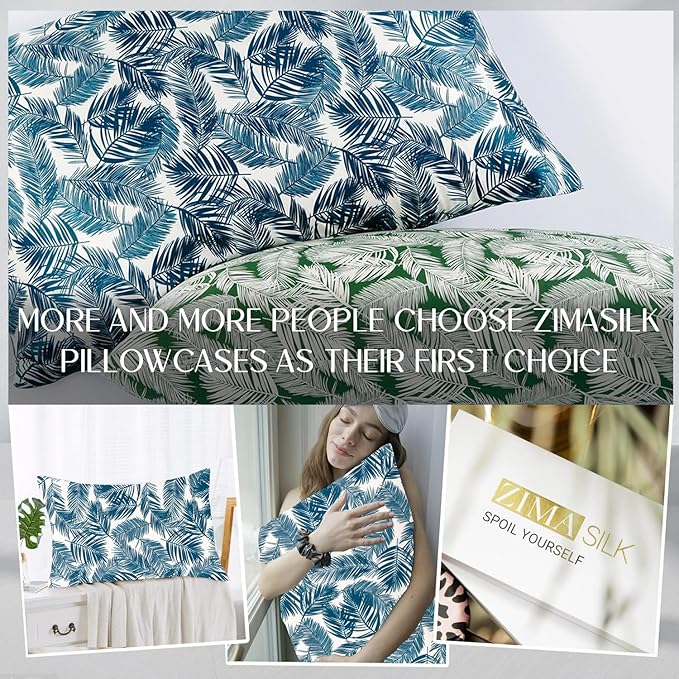 ZIMASILK 100% Pure Mulberry Silk Pillowcase for Hair and Skin Health,Both Sides 19 Momme Silk Floral Print,1pc(Queen 20''x30'',Blue Leaves) - Bloomnest