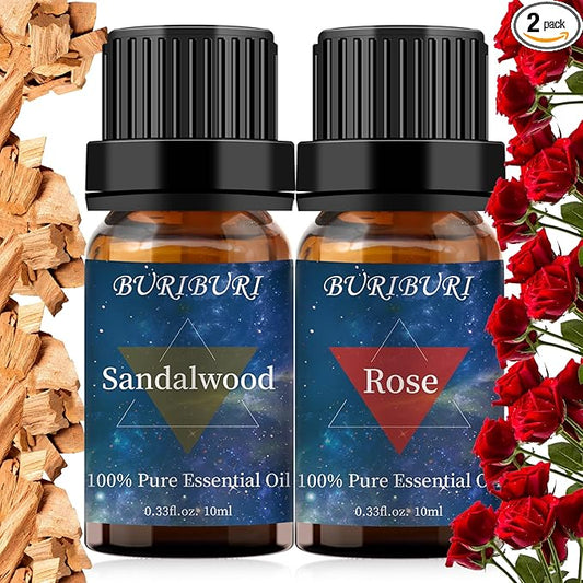 Rose and Sandalwood Essential Oil, 100% Pure, Undiluted, Natural, Organic Aromatherapy Essential Oils Gift Set, 10MLx2 BURIBURI