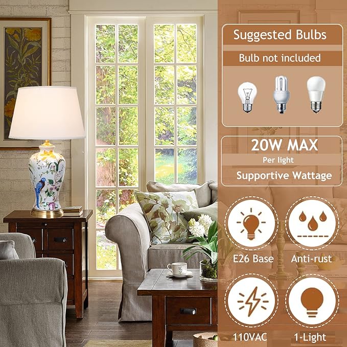 White Flower & Bird Ceramic Table Lamp,Hand-Painted Chinoiserie Lamp, Fabric Lampshade Nightstand Lamp for Bedroom Living Room Office College Bookcase - Bloomnest
