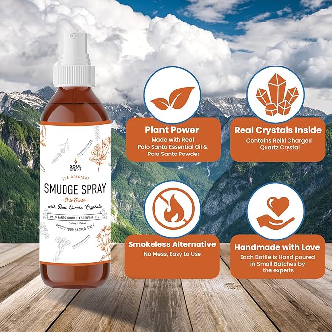 SOUL STICKS Palo Santo Smudge Spray – 3.5oz Smokeless Energy Mist with Quartz Crystals – Non-Toxic Cleansing Spray for Room, Meditation, Travel, Spiritual Rituals & Aura Purification SoulSticks