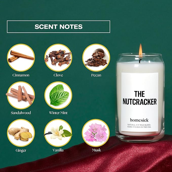 Homesick Scented Candles for Home (The Nutcracker) - 13.75 oz Long-Lasting Natural Soy Wax Blend Jar Candle Gifts for Women & Men, 60-80 Hours Burn Time - Notes of Cinnamon, Clove & Pecan - Bloomnest