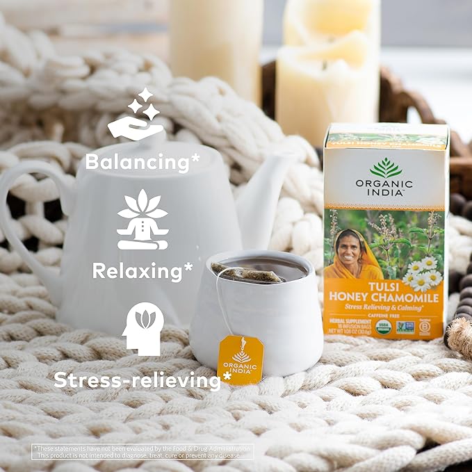 ORGANIC INDIA Tulsi Honey Chamomile Tea Bags - Herbal Tea for Stress Relieving & Calming, USDA Certified Organic, Caffeine Free - 18 Tea Bags, 3 Pack - Bloomnest