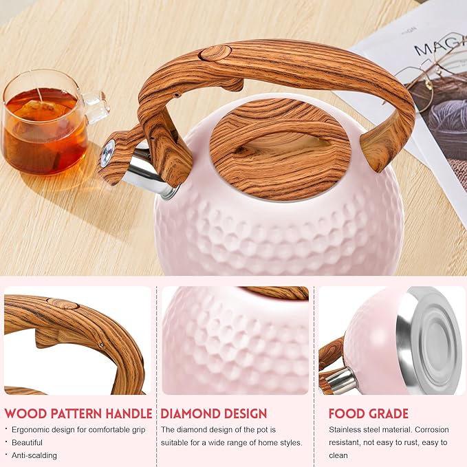 GGC Tea Kettle for Stove Top, Loud Whistling Kettle for Boiling Water Coffee or Milk, 3.1 Quart 3L Heavy Stainless Steel Pink Kettles with Wood Pattern Handle, Unique Button Control Kettle Outle - Bloomnest