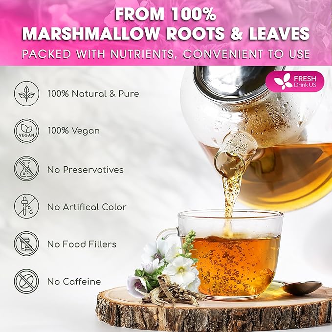 FreshDrinkUS, Premium 75 Marshmallow Root and Leaf Tea Bags, 100% Natural & Pure. Loose Leaf Marshmallow Herbal Tea. Made with Eco-Conscious Tea Bags. No Sugar, No Caffeine, No Gluten, Vegan. - Bloomnest