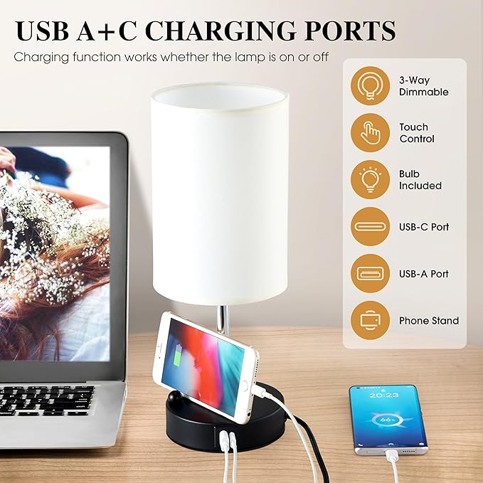 Briever Touch Control Table Lamp for Bedroom, 3-Way Dimmable Nightstand Lamp with USB USB A+C Charging Ports, Bedside Desk Lamp with Phone Stand & Linen Fabric Shade for Livingroom, Bulb Included - Bloomnest