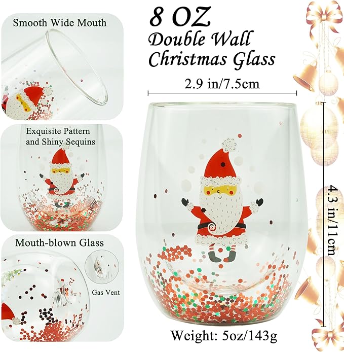 Christmas Mugs, 8 oz Double Wall Insulated Glass Coffee Mugs Set of 4, Cute Funny Mugs Coffee Cups for Cappuccino, Latte, Americano, Tea, Wine and Beverage - Bloomnest