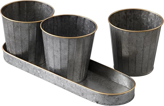 SOFE Metal Herb Pots for Indoor Plants, Window Herb Garden for Kitchen, Galvanized Bucket Planter Set of 3 with Tray, Rustic Flower Pots for Mint, Rosemary, Basil Plant - Bloomnest