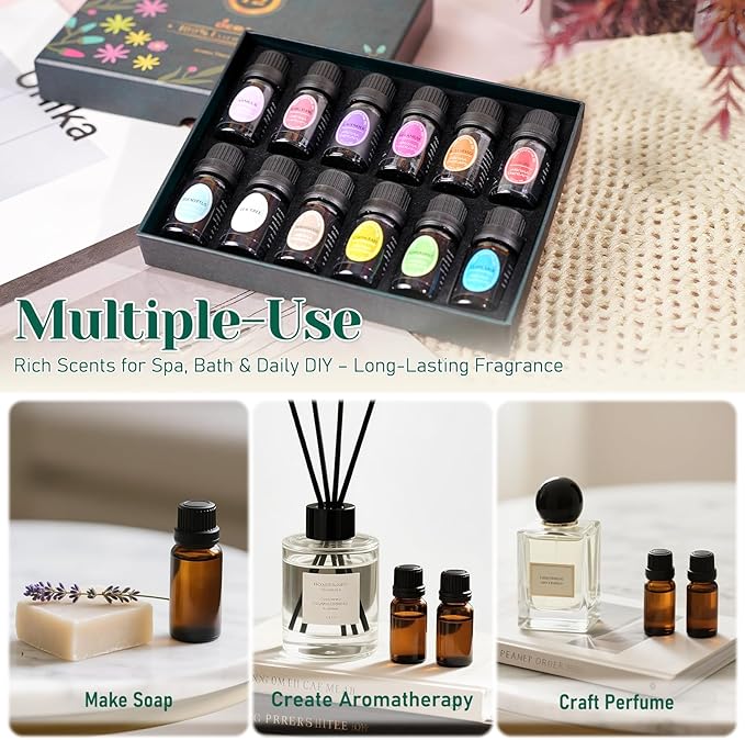 100% Natural Pure Essential Oils Set - Top 12 Organic Undiluted Oils for Aromatherapy Diffuser Plant Therapy,Candle Making,Laundry Fragrance,Humidifiers,Skin Care (0.33 Fl Oz 12 Pack) - Bloomnest
