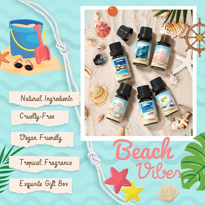 Beach Fragrance Oils Set, ARVIDSSON Summer Essential Oils for Diffuser - Beachy Breeze, Ocean Air, Pina Colada, Pink Sand, Sea Salt, Island Time, Tropical Scented Oil - Bloomnest