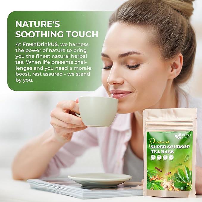 FreshDrinkUS, Super Soursop Herbal Tea – 60 Tea Bags | Soursop, Ginger, Turmeric, Lemongrass, Cinnamon, Black Pepper & Peppermint | Caffeine-Free, Natural Flavor, Plant-Based Blend | Sugar-Free - Bloomnest