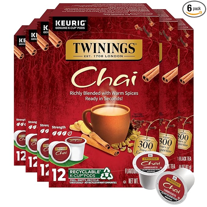 Twinings Chai Black Tea 72 K-Cup Pods for Keurig, 12 Count (Pack of 6), Naturally Sweet, Savoury Spice Flavour, Caffeinated, Enjoy Hot or Iced - Bloomnest