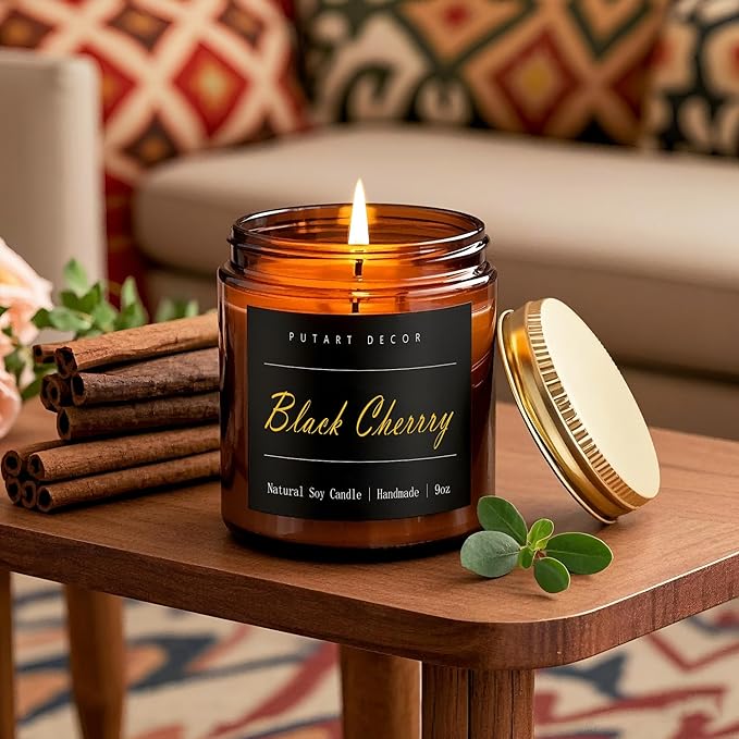 Black Cherrry Scented Candle for Home, Natural Soy Wax Aromatherapy Non Toxic Candle Gifts for Women & Men, Handmade Highly Scented & Long Lasting Jar Candle for Stress Relief (9oz) - Bloomnest