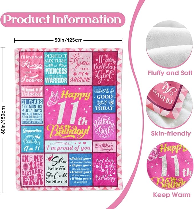 11 Year Old Girl Birthday Gifts, Birthday Gifts for 11 Year Old Girl, 11 Year Old Girl Gifts Ideal, Cool Stuff for 11 Year Olds Girl, 11th Birthday Decorations for Girls, Girls Blanket 50"X60" - Bloomnest