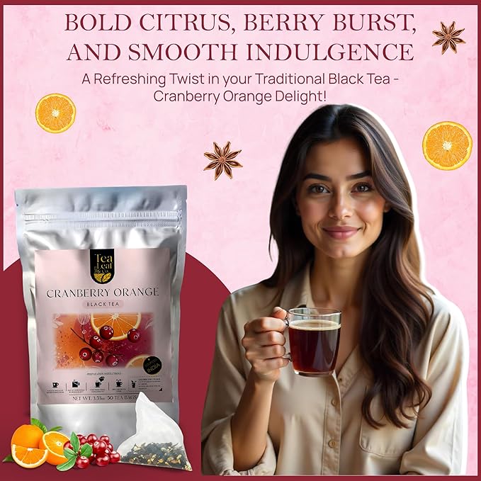 Tealeaf & Co. Cranberry Orange Black Tea Bags Blended with Fresh Herbs and Spices - Organic Black Tea Bags with Orange Peel, Star Anise & Hibiscus - Low Caffeine - Gluten Free - 50 Teabags - Bloomnest