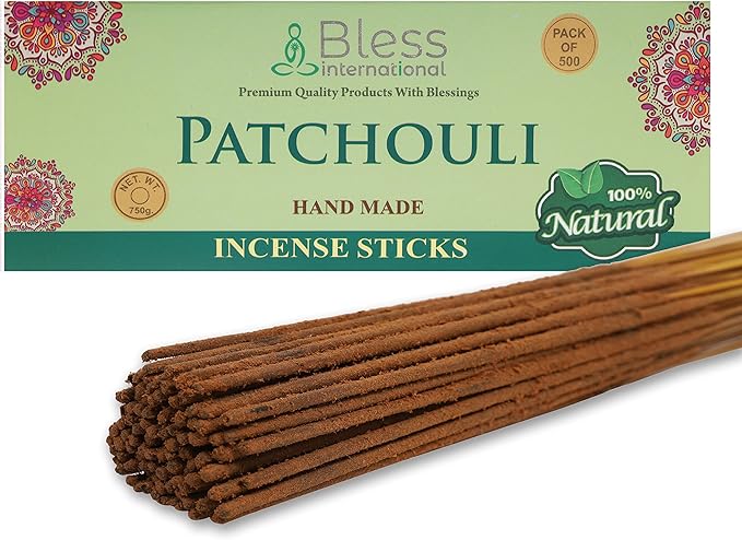 Bless-Patchouli 100%-Natural-Handmade-Hand-Dipped Organic-Chemicals-Charcoal-Free Purification-Relaxation-Positivity-Yoga-Meditation Best-Woods-Scent (500 Sticks (26 OZ)) BlessInternational