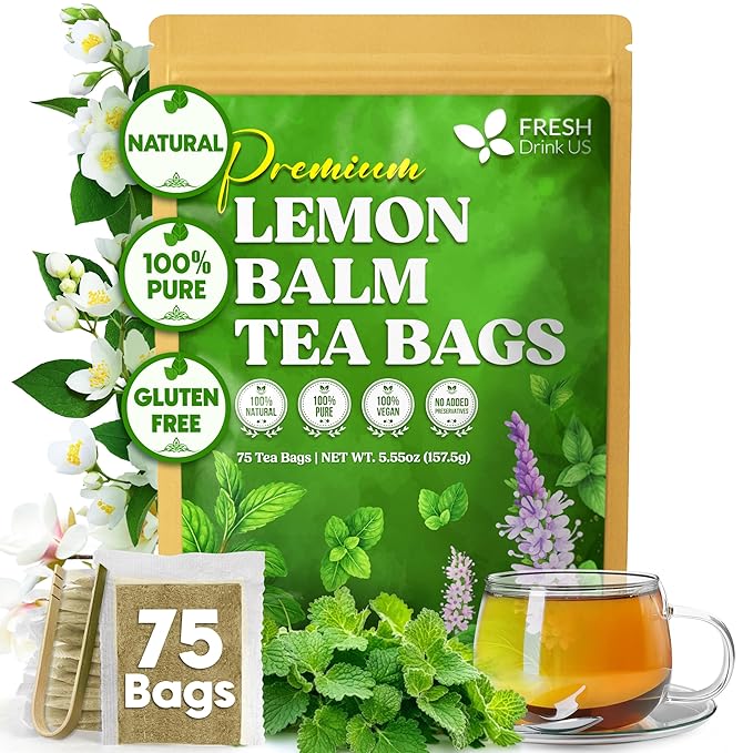 FreshDrinkUS, Lemon Balm Tea Bags | 75 Count |100% Pure Melissa officinalis – Naturally Calming Herbal Tea | Caffeine-Free, Premium Quality, Refreshing Flavor, Sustainably Sourced - Bloomnest