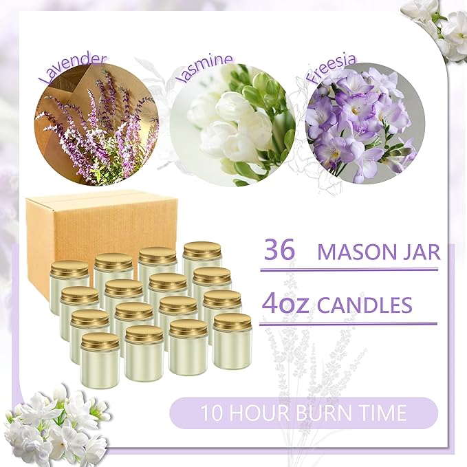 ACITHGL 36 Pcs 4oz Mini Mason Jar Candles Small Scented Candles Bulk Aromatherapy Ideal Souvenir Favors for Wedding Birthday Party (Freesia, Lavender, Jasmine, Gold) - Bloomnest