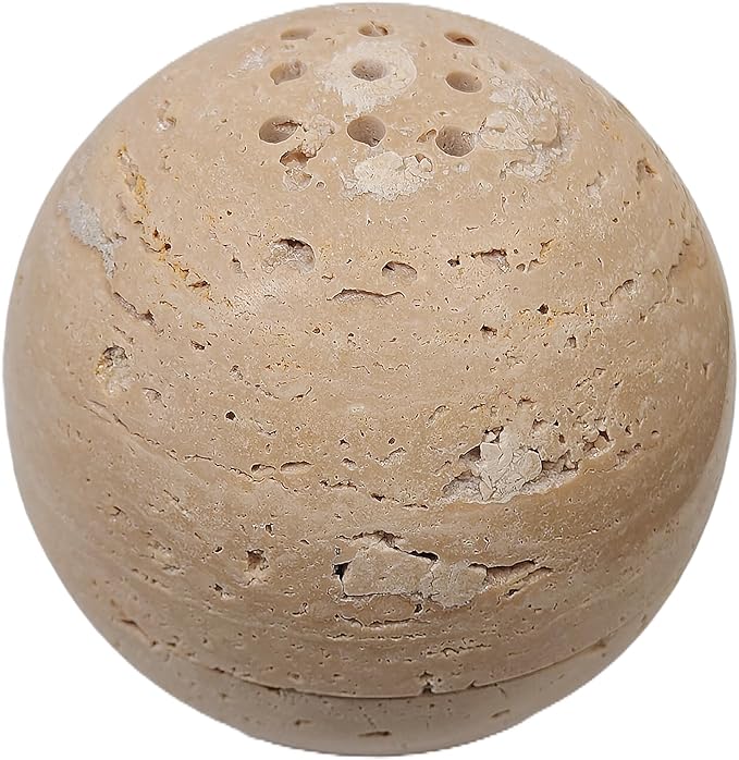 Natural Stone Sphere Incense Holder: 4" D Hand-Carved Aromatherapy Burner for Yoga, Meditation & Relaxation, Elegant Multi-Hole Design, Beige Travertine - Bloomnest