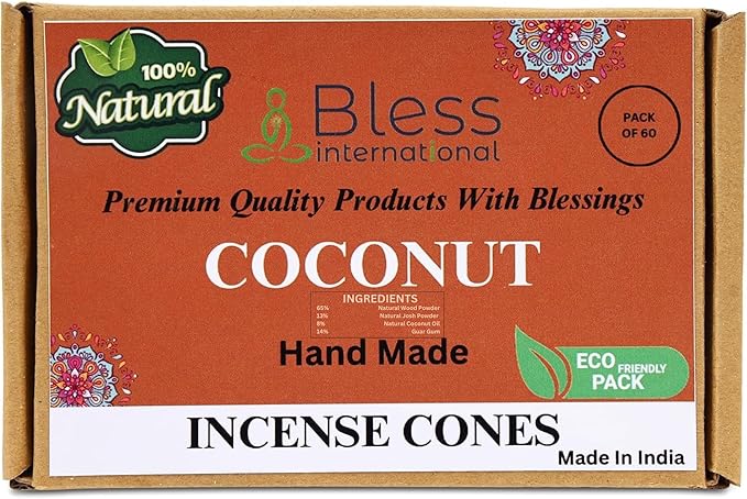 Bless International Coconut 100%-Natural-Incense-Cones Handmade-Hand-Dipped Organic-Chemicals-Free for-Purification-Relaxation-Positivity-Yoga-Meditation The-Best-scents (60 Count)