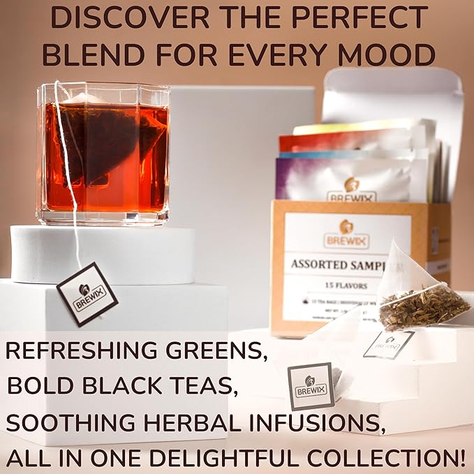 BREWIX Premium Assorted Tea Sampler Gift Box (15 Pyramid Individually Wrapped Tea Bags) | Herbal Tea, Black Tea, Green Tea | Tea Gift Set & Variety Pack | Gifts for Women & Men, Tea Set - Bloomnest