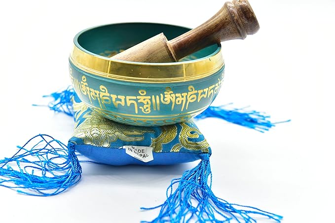 3.75" Tibetan Meditation Yoga Singing Bowl Yellow Set with free Wooden Mallet and Silk Cushion from Nepal, Singing bowls. (Turquoise) - Bloomnest